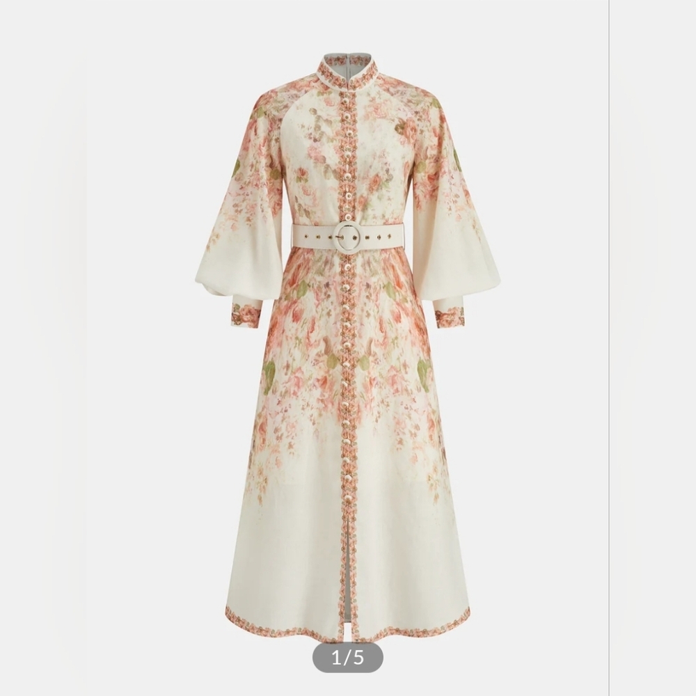 Commense Long Sleeve Floral Midi Dress in Ivory and Blush